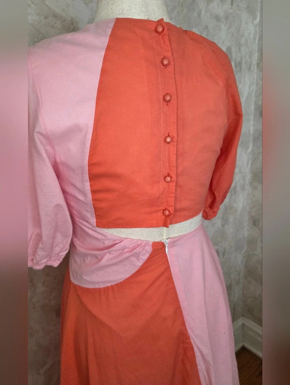 Colorblock Cutout Midi Dress Pink Coral Puff Sleeve Boutique LA Jolie NWOT - Picture 7 of 13